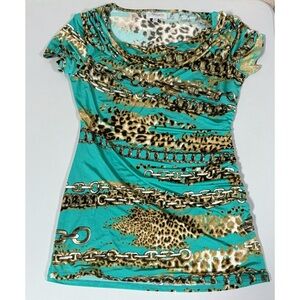 Teal Leopard Cheetah Print Gold Chainlink Ruched Shirt Top Blouse Tee Size XS 🐆✨